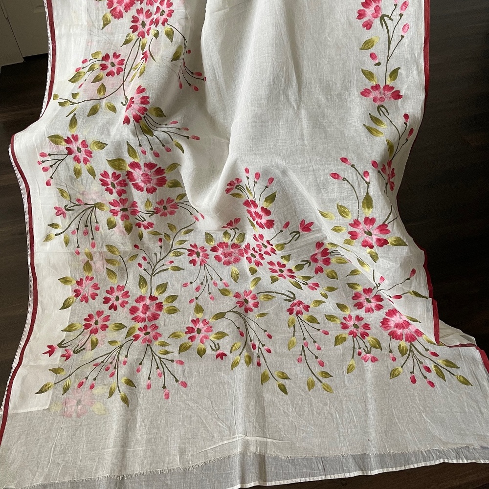 White Cotton Saree - hand painted